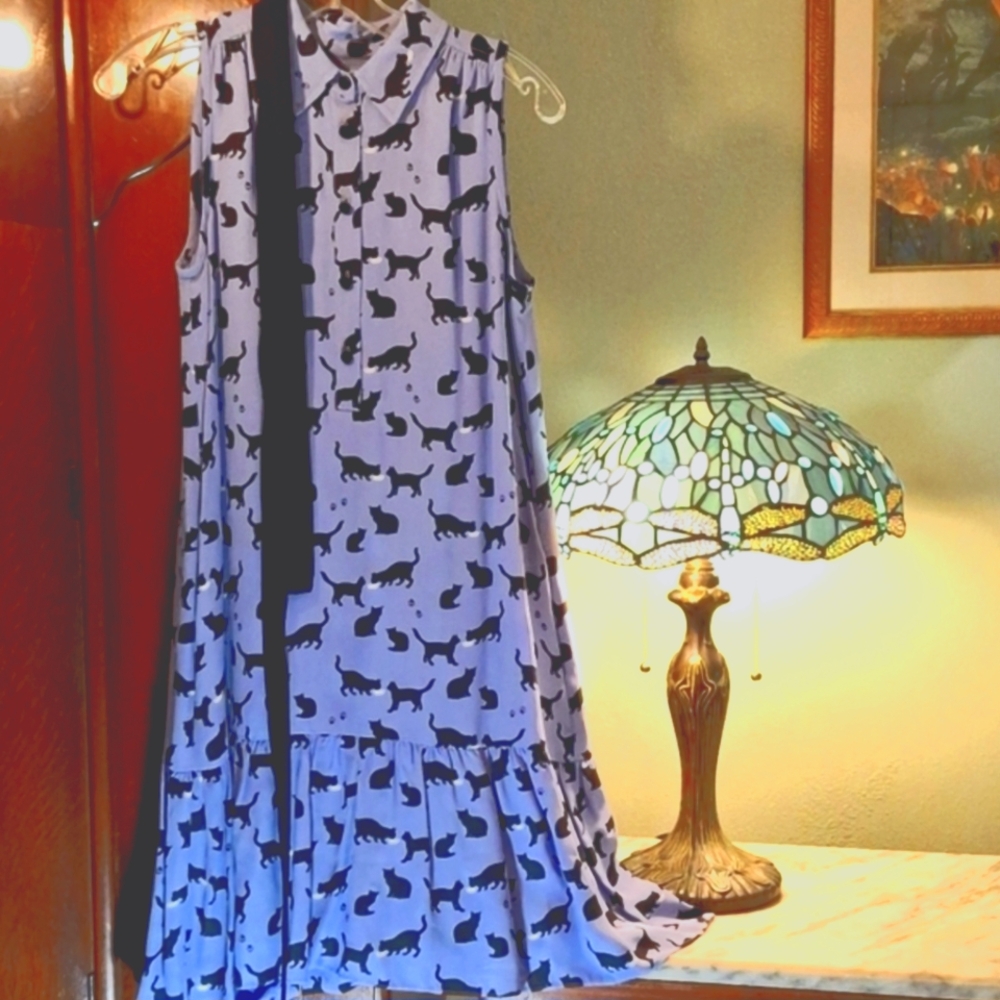 Kate Spade Blue Dress - Cats & Cream Print Blue & Black, Black Belt, Sz 4 EUC